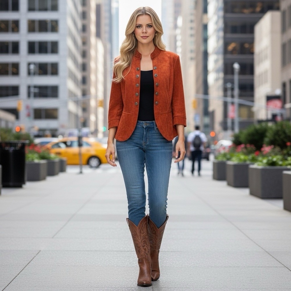 Roz & Ali Rust Orange Faux Suede Military-Styler Blazer Metal Buttons Sz L NWOT!